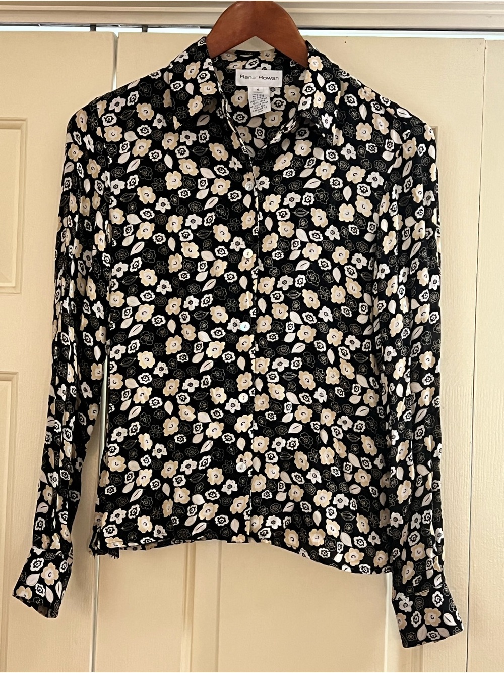 Rena Rowan Black Floral Button-Down Blouse with Cream Accents 100% Silk